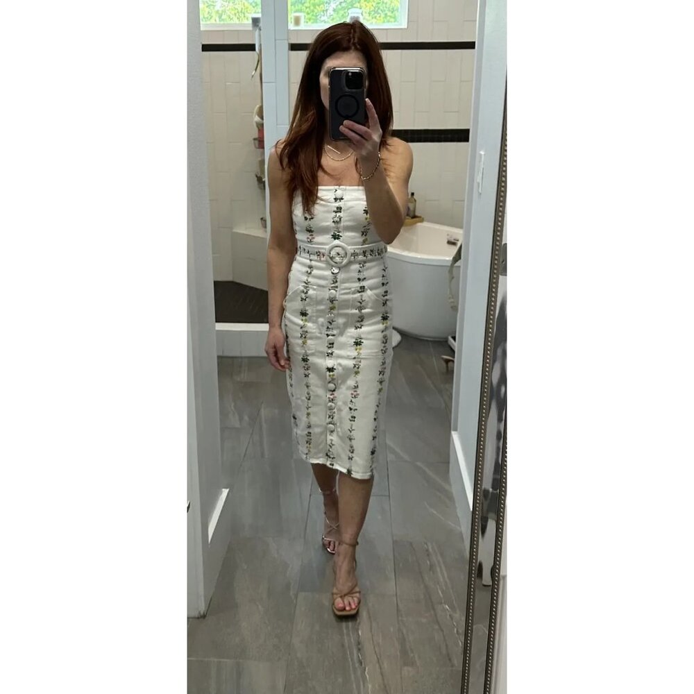 ADAM LIPPES Women's White Floral Print Strapless Belted Midi Dress Size 0